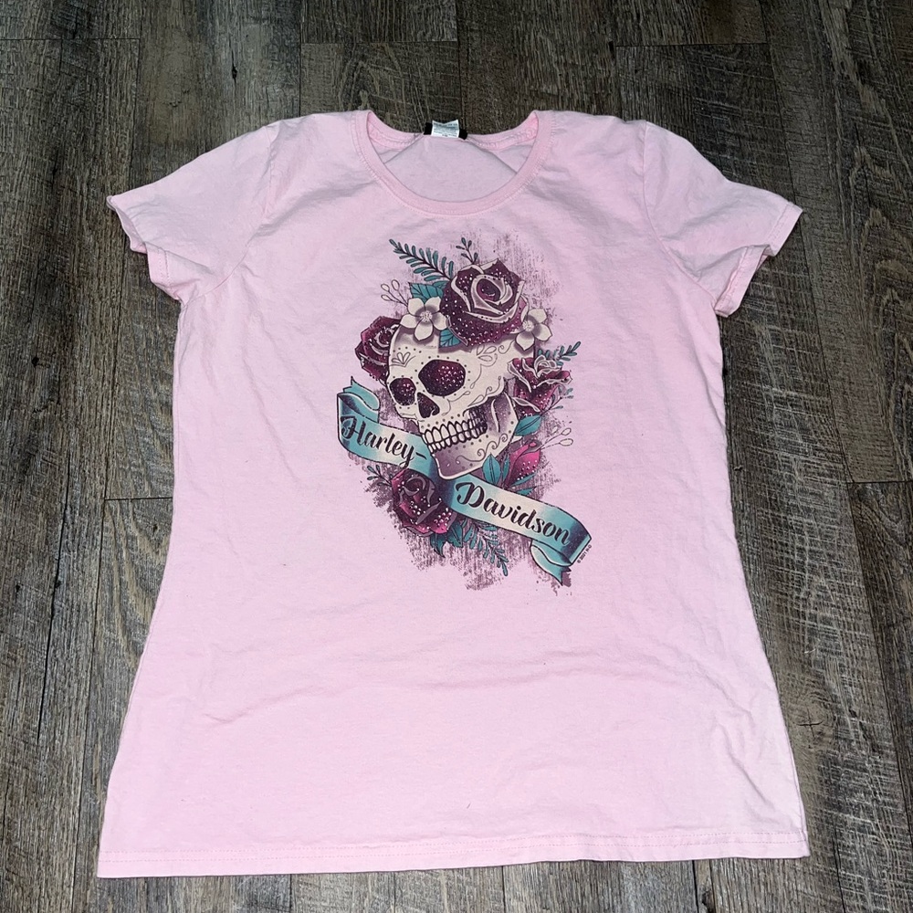 Harley-Davidson Pink Skull Graphic T-Shirt Size Large‎ Y2K